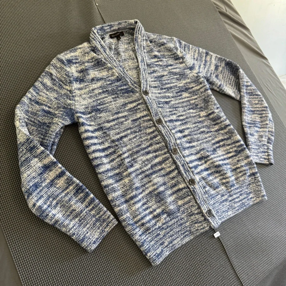 Banana Republic Mens Blue White Marled Shawl Collar Button Cardigan Sweater L